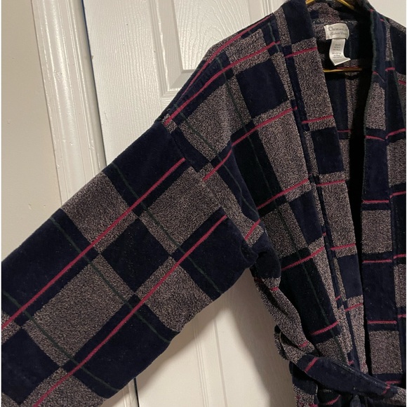 VTG Christian Dior terry cloth 100% cotton bath robe plaid men’s with belt! - Picture 2 of 9